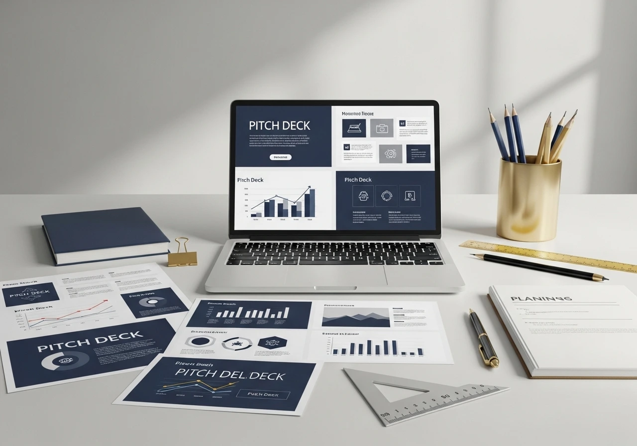 Business professional reviewing pitch deck services with a consultant