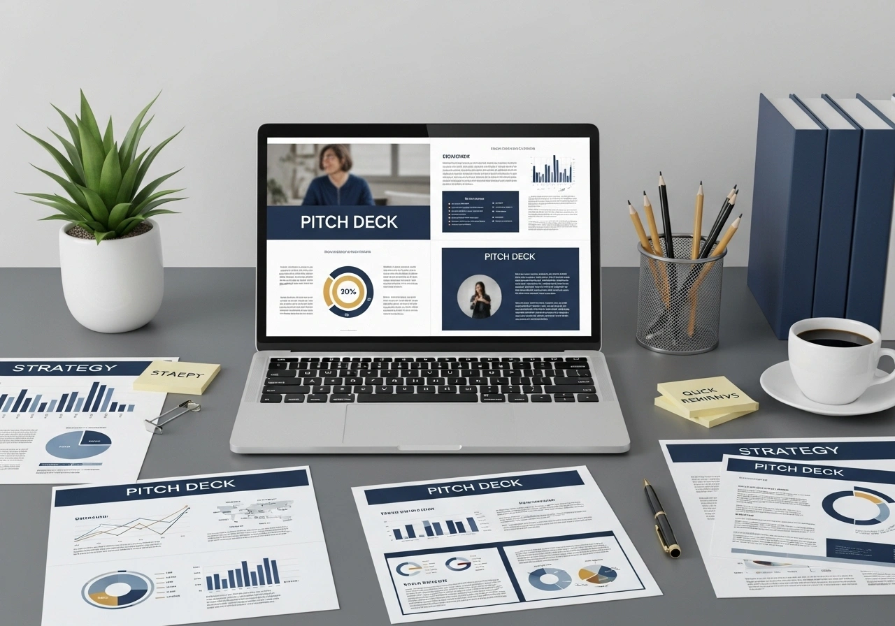 Entrepreneur presenting a pitch deck to investors during a business meeting