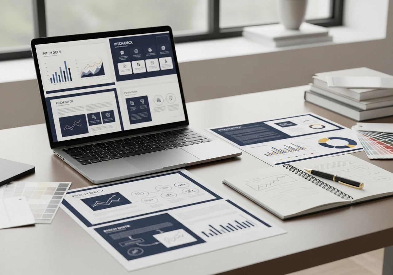 Entrepreneur working on improving pitch deck presentation with investor-focused content and design