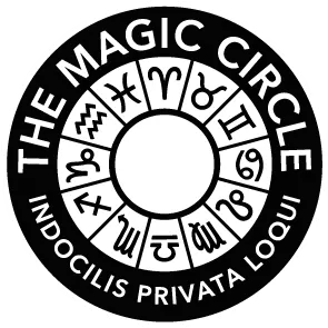 Black circular emblem with zodiac symbols and text 'The Magic Circle' and 'Indocilis Privata Loqui'.