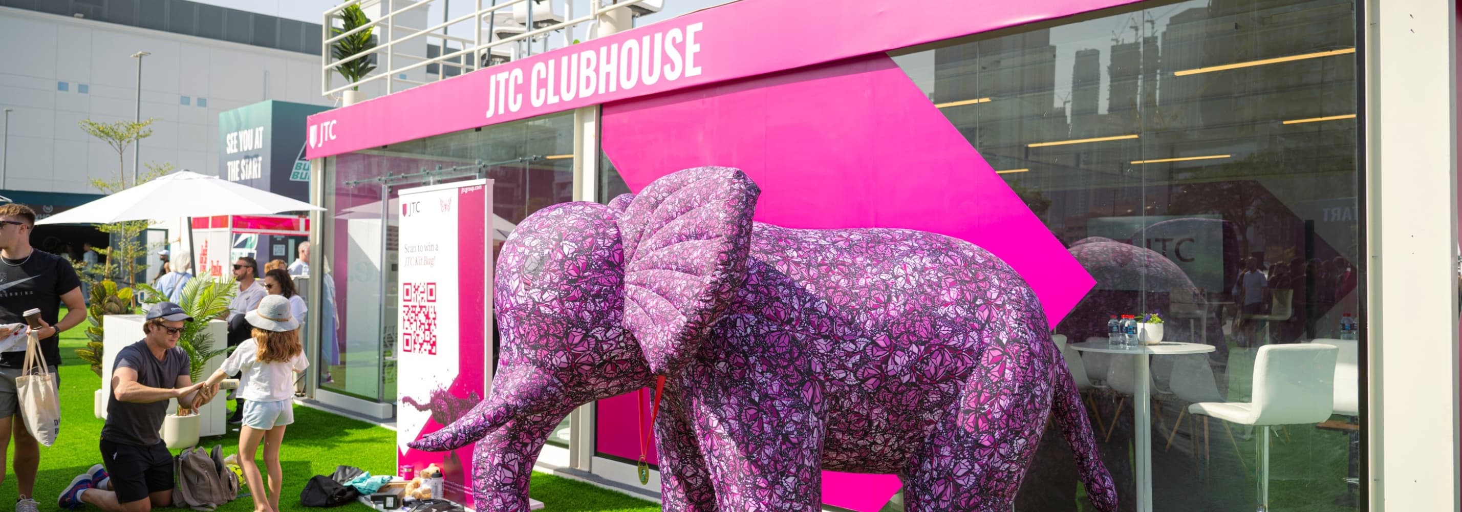 Facade of JTC Clubhouse with the pink elephant