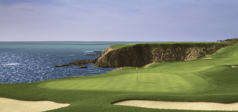 Hyper realistic simulation of Pebble Beach Golf Links, putting green on the ocean and cliffs in the background  