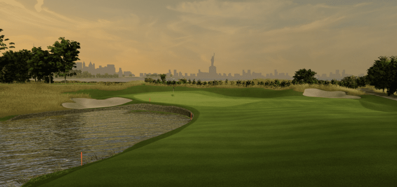 Realistic simulation of Liberty National Golf Club, putting green in the foreground, NYC skyline in the background