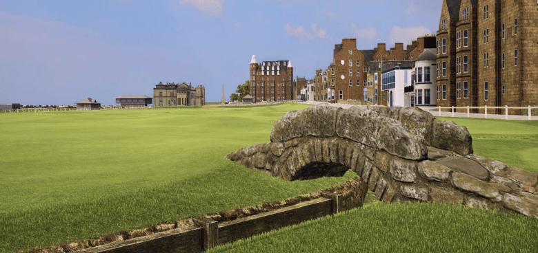 Iconic view of St Andrews Old Course with the Swilcan Bridge in the foreground utilizing TrackMan technology