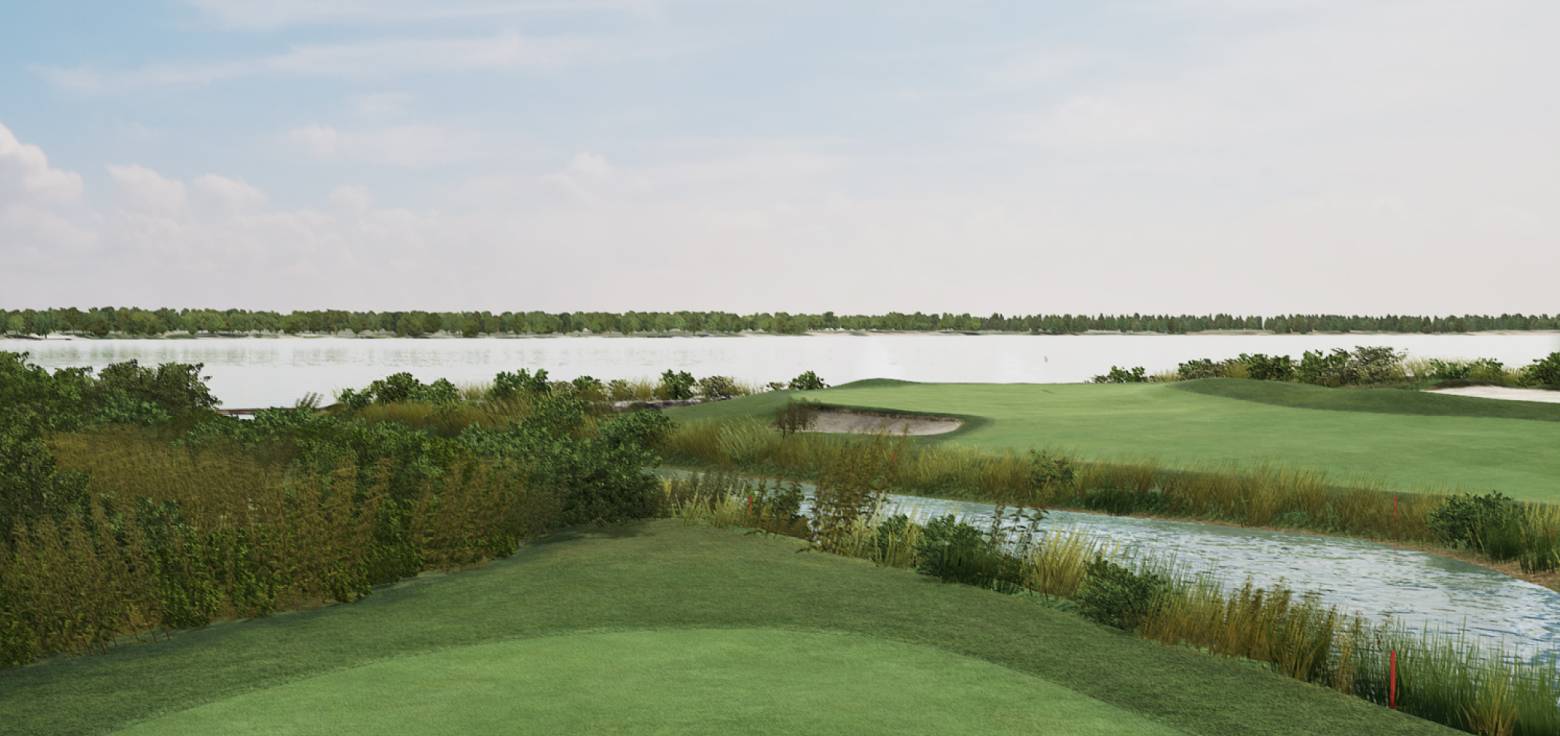 Realistic simulation of Manasquan River Golf Club in NJ showing the river in the background behind a putting green