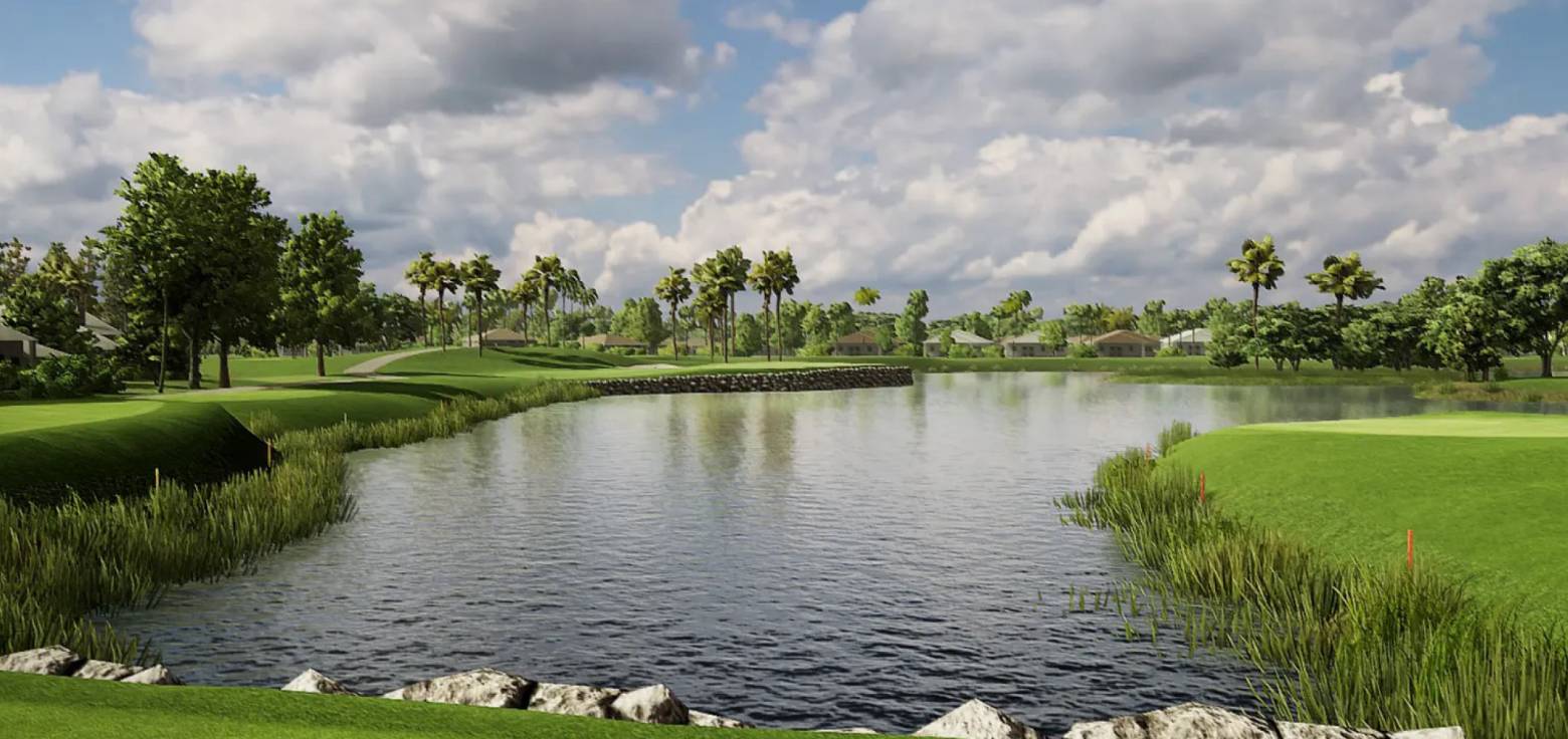 Realistic simulation of PGA National Resort in Florida. Large water in foreground surrounded by trees and fairways