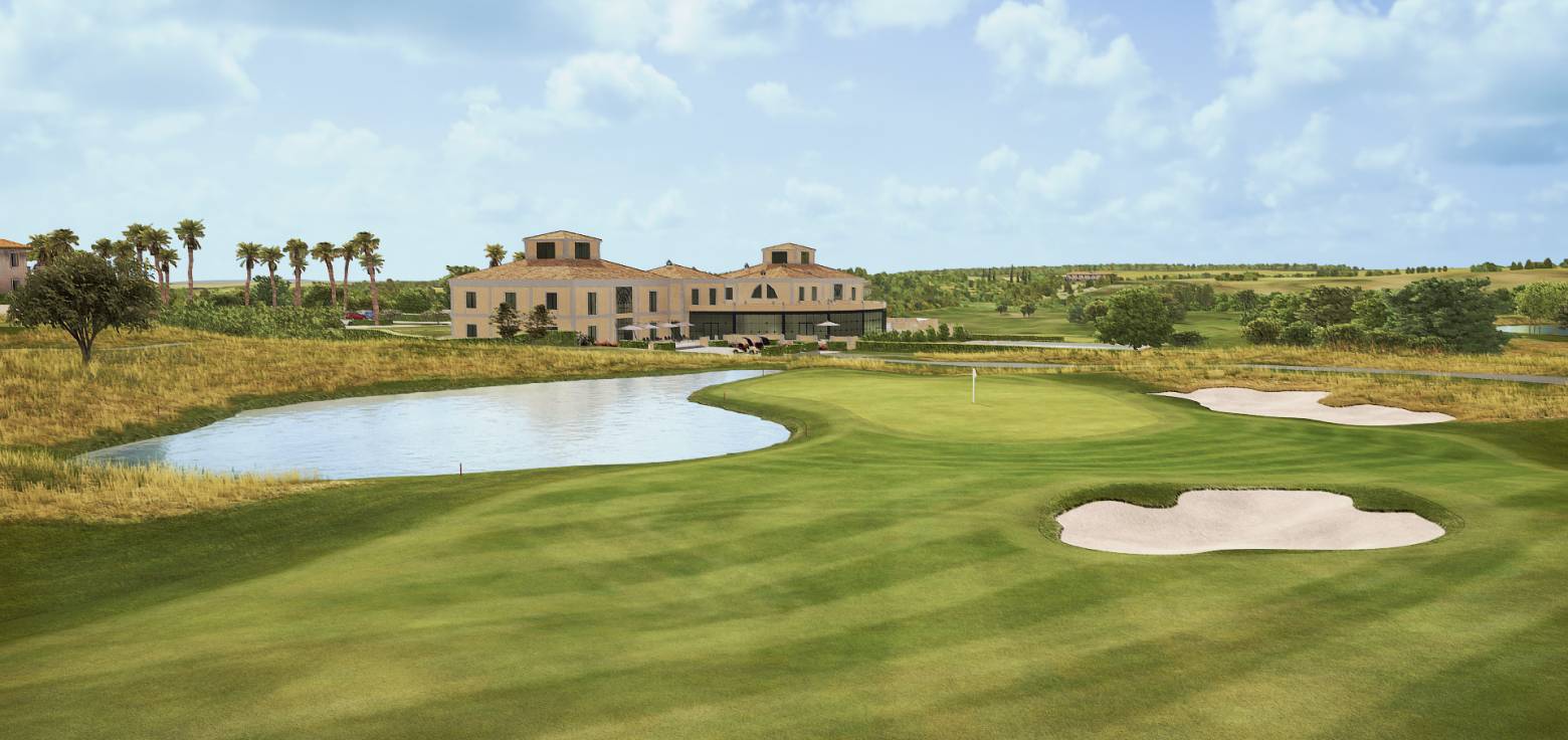 Hyper realistic simulation of Marco Simone Golf and Country Club in Italy. Display of fairway, putting green, and clubhouse 