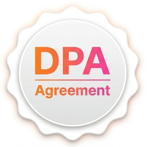Circular badge with scalloped edges featuring the text 'DPA Agreement' in gradient orange to pink colors.