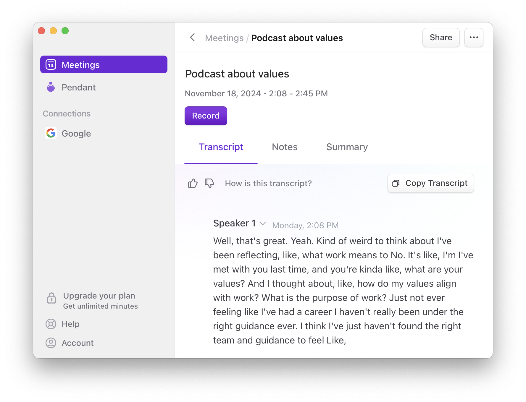 Limitless transcript export