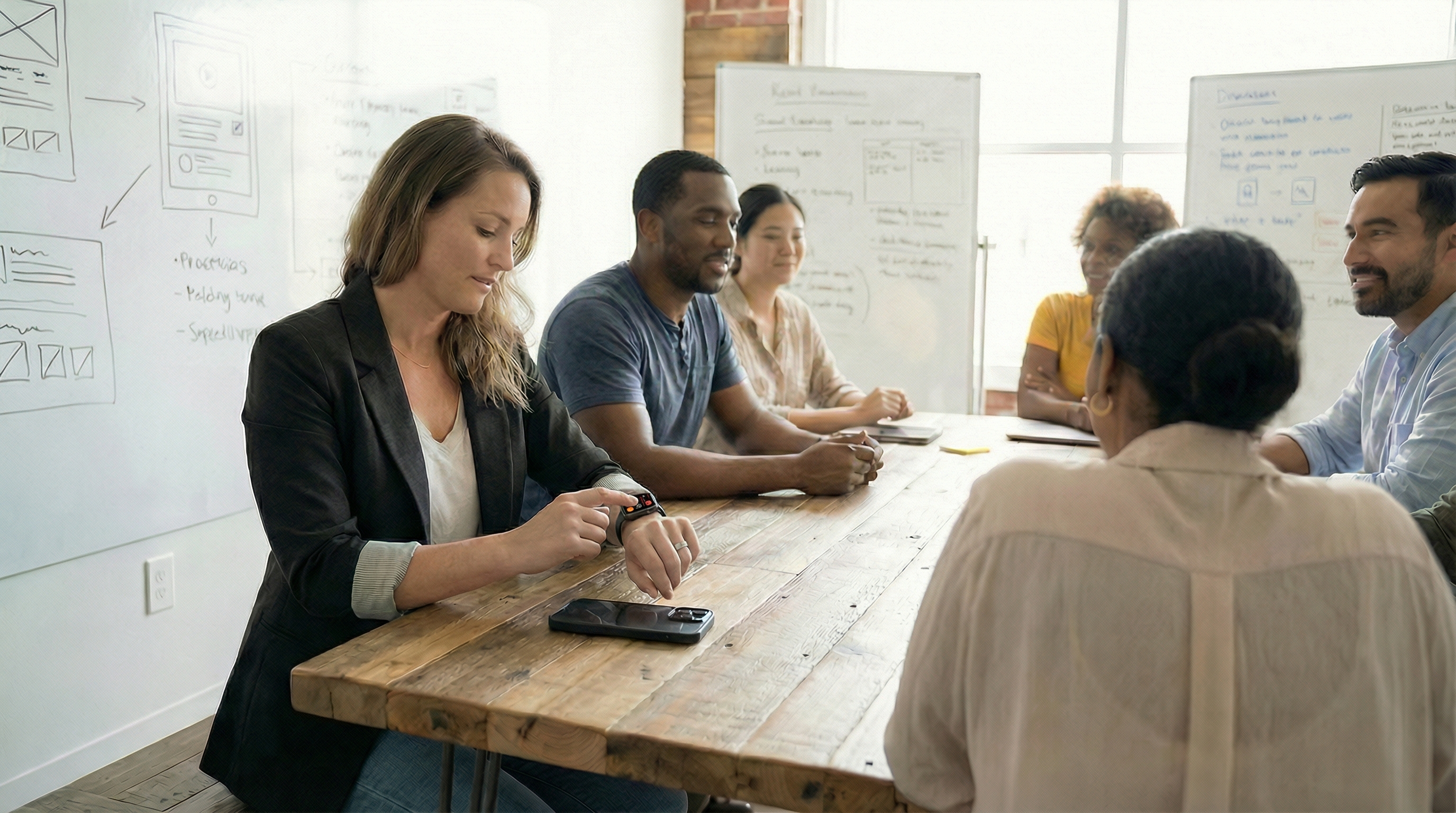 A business meeting with a user interacting with their Hedy Apple Watch app.