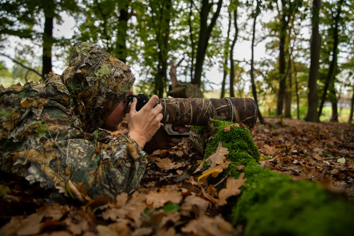 Wildlife photographer lying on the forest floor in camouflage gear capturing images through a telephoto lens.