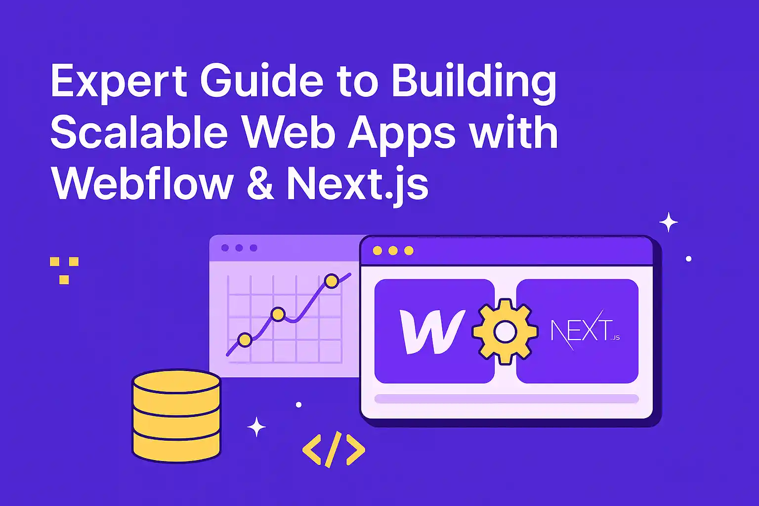 Illustration of a computer screen displaying "Webflow & Next.js" alongside charts, code, and a database icon, representing the guide to building scalable web apps.