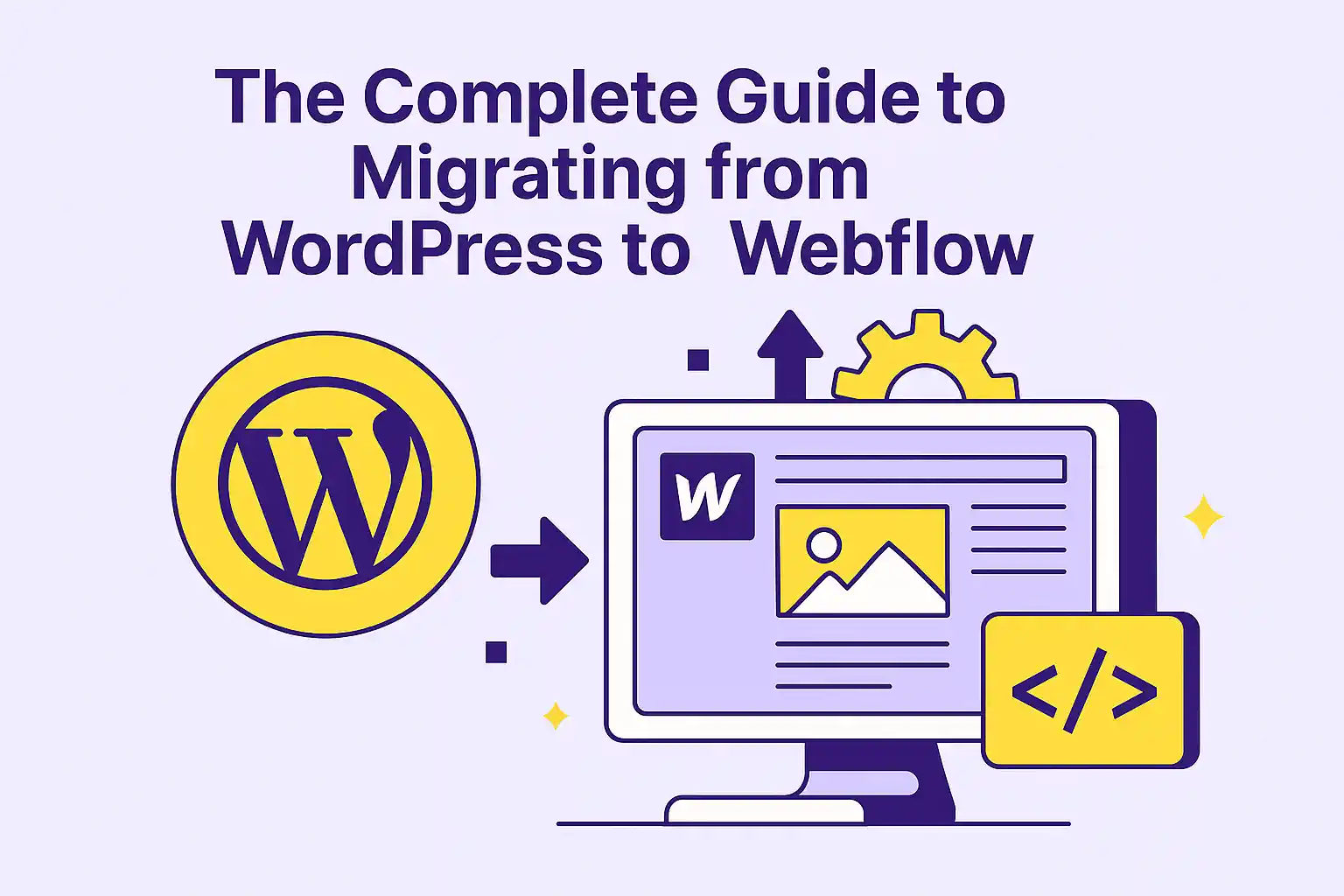 Illustration of a WordPress logo with an arrow pointing to a Webflow-powered desktop screen, representing website migration from WordPress to Webflow.