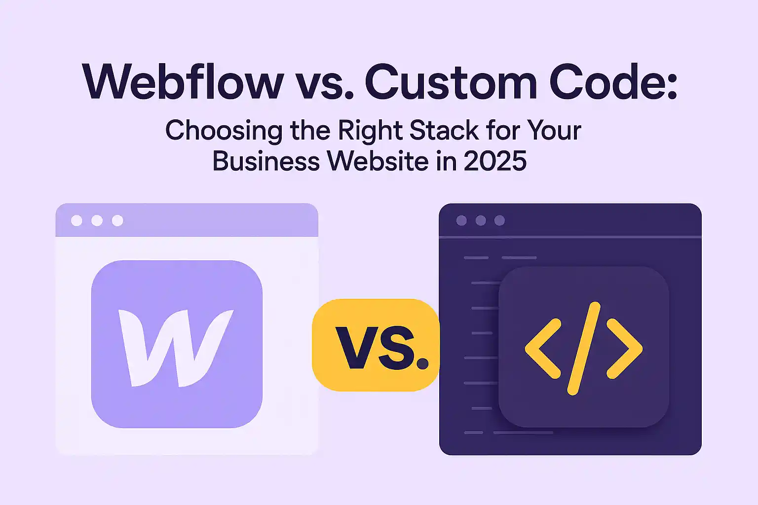 Illustration of two browser windows side by side—one with the Webflow logo and the other with a code icon—separated by a “vs” symbol, symbolizing a comparison between Webflow and custom development.