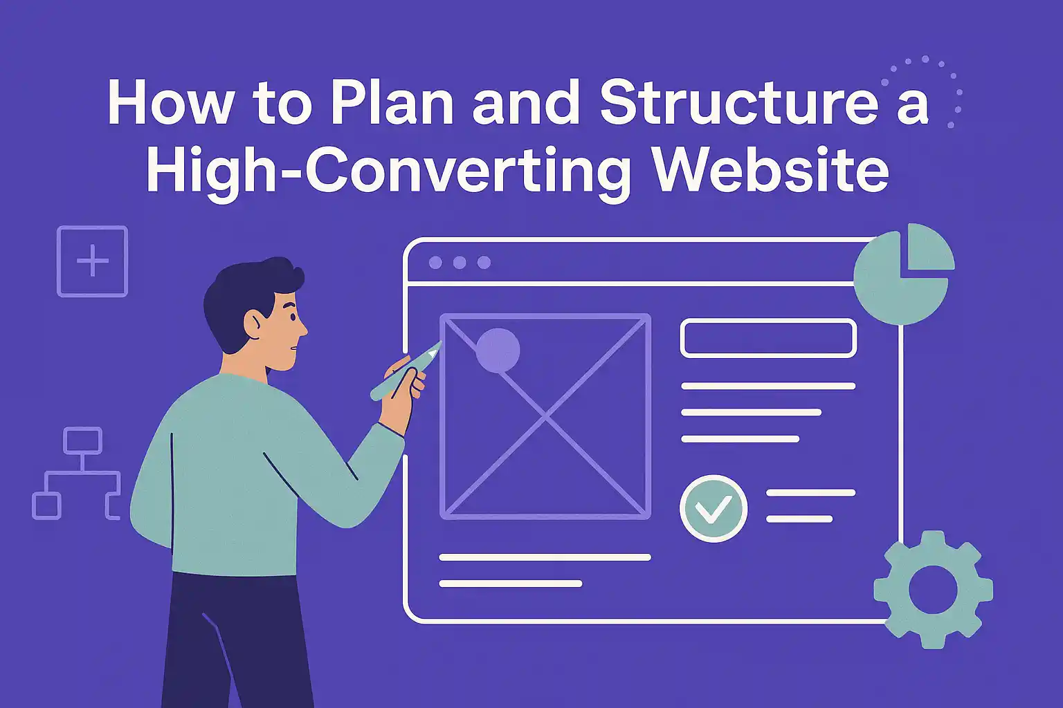 Illustration of a man pointing to a wireframe layout on a giant screen, representing the process of planning and structuring a high-converting website.