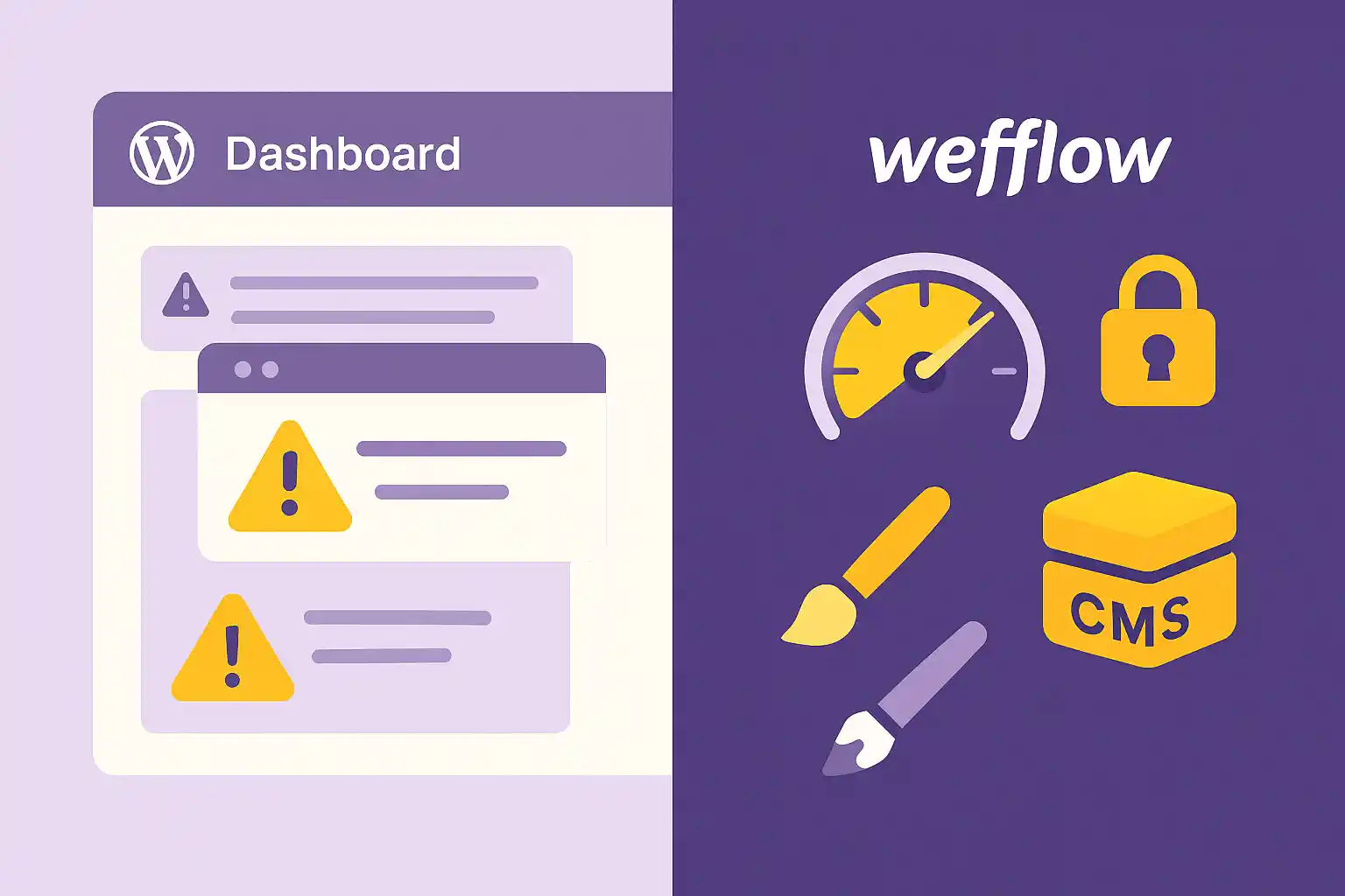 Split view showing a cluttered WordPress dashboard on the left and streamlined Webflow CMS tools with icons representing speed, security, and flexibility on the right.