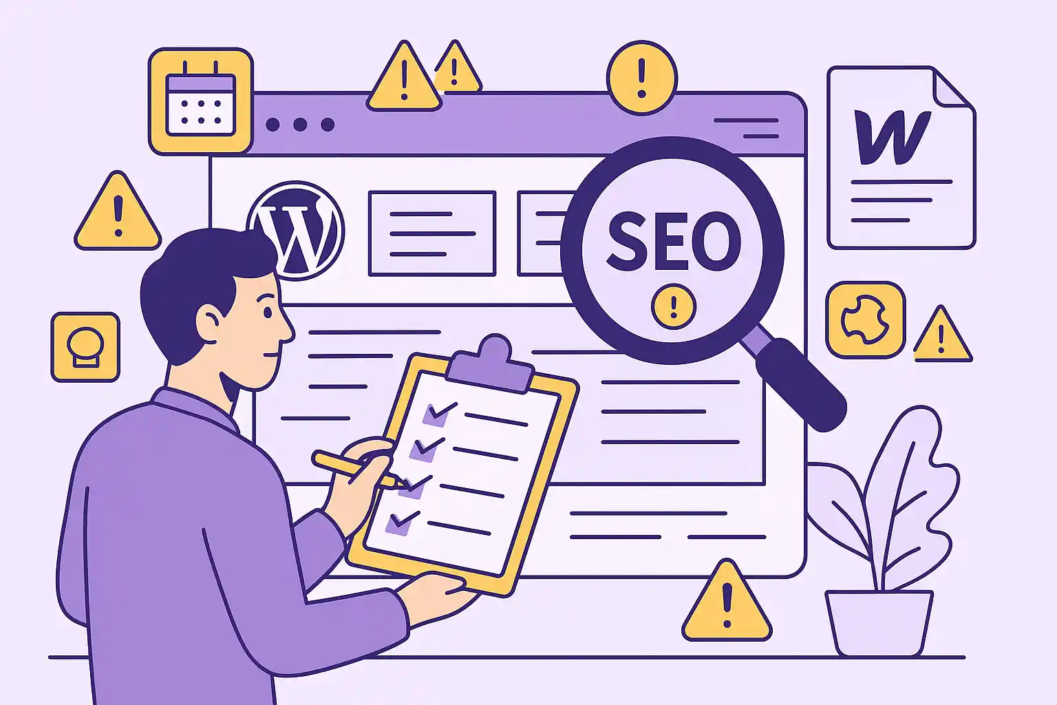 Person analyzing SEO checklist in front of a WordPress screen filled with warning signs and alert icons.