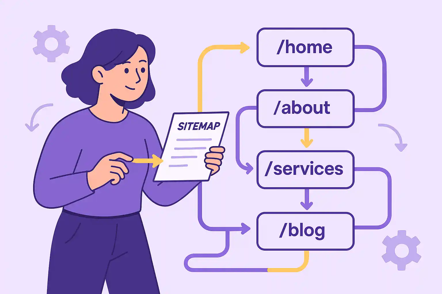 Woman holding a sitemap document, pointing to a flowchart showing clean URL paths like /home, /about, /services, and /blog.