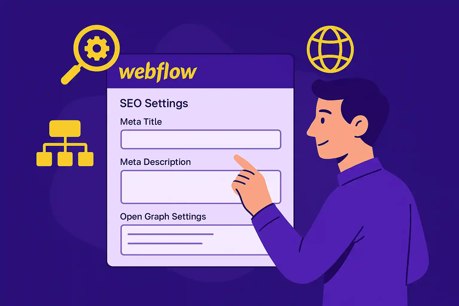 Person adjusting meta title and Open Graph settings inside the Webflow SEO panel, with global and sitemap icons.