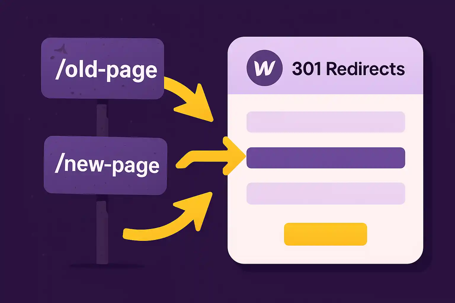 Two directional signs labeled "/old-page" and "/new-page" pointing to a Webflow interface with redirect settings.