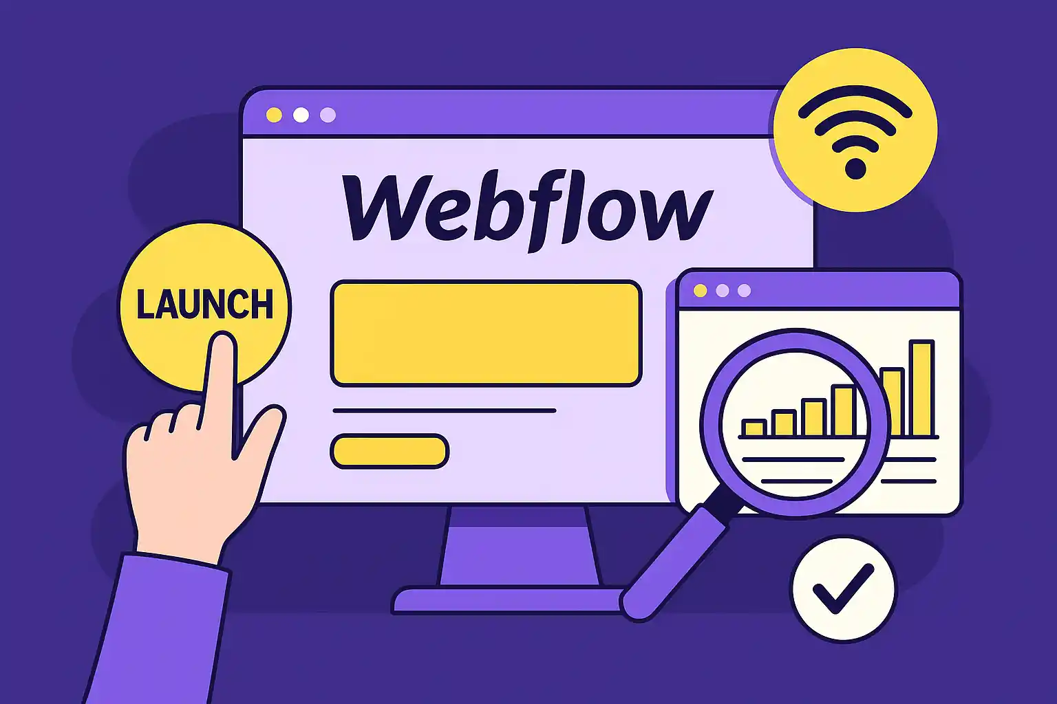Webflow launch screen with magnifying glass and analytics chart, symbolizing dynamic capabilities beyond static pages.