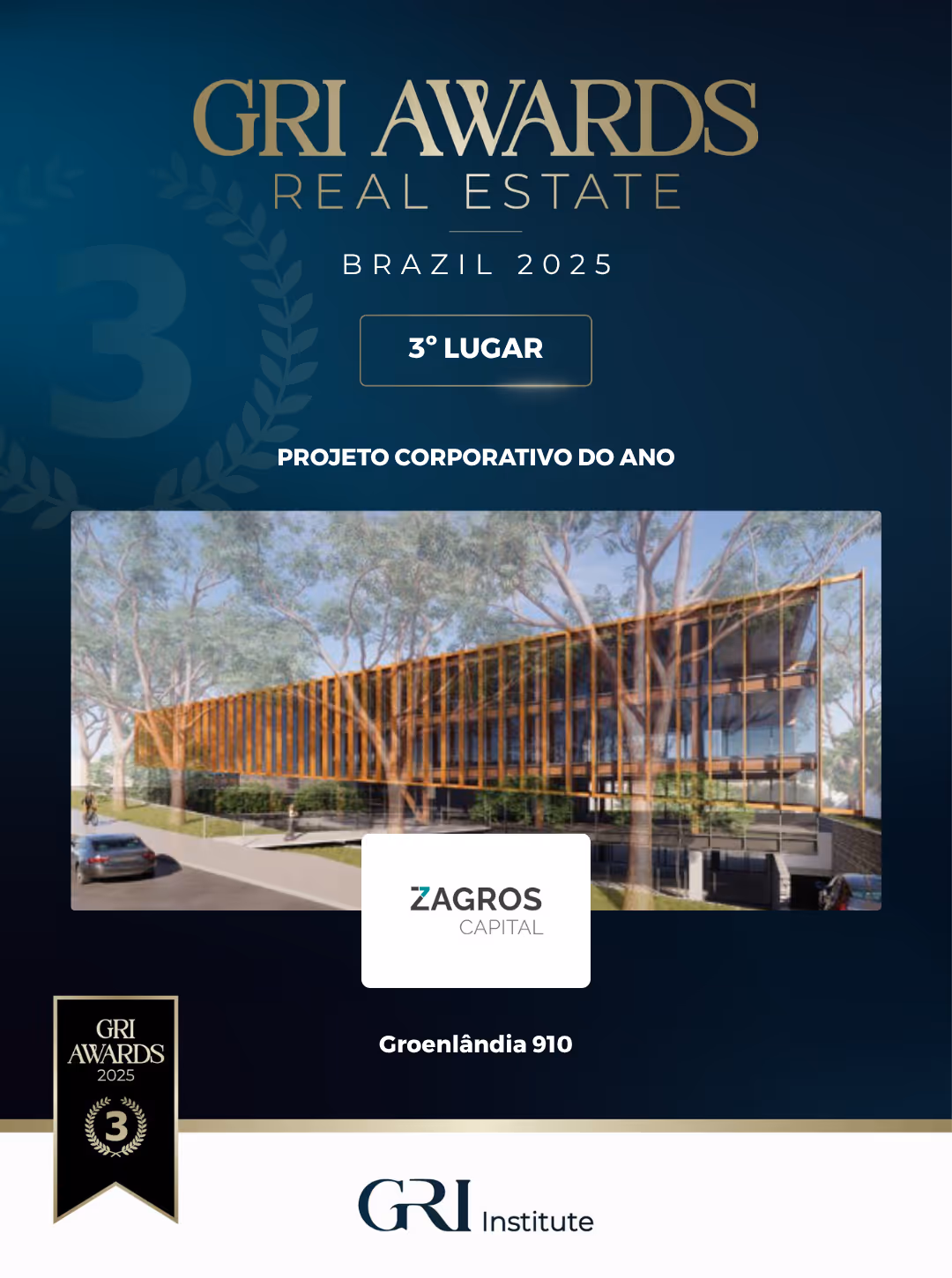 Anúncio do terceiro lugar no prêmio GRI Awards Real Estate Brasil 2025 para o projeto corporativo do ano, Groenlândia 910, da Zagros Capital, mostrando um prédio moderno com fachada de vidro e estrutura de madeira.