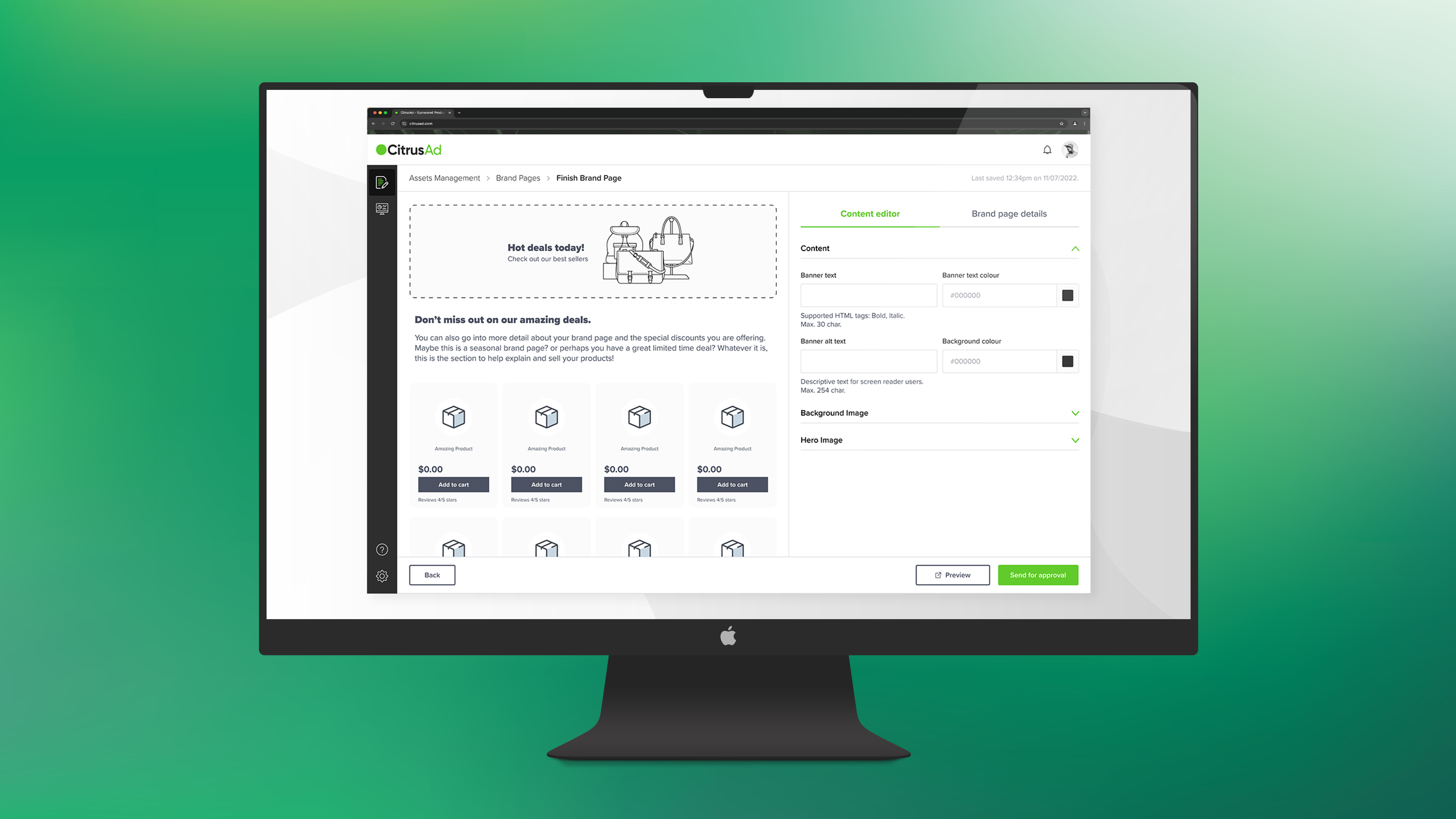 The CitrusAd Brand Page builder displayed on a desktop monitor against a green gradient background