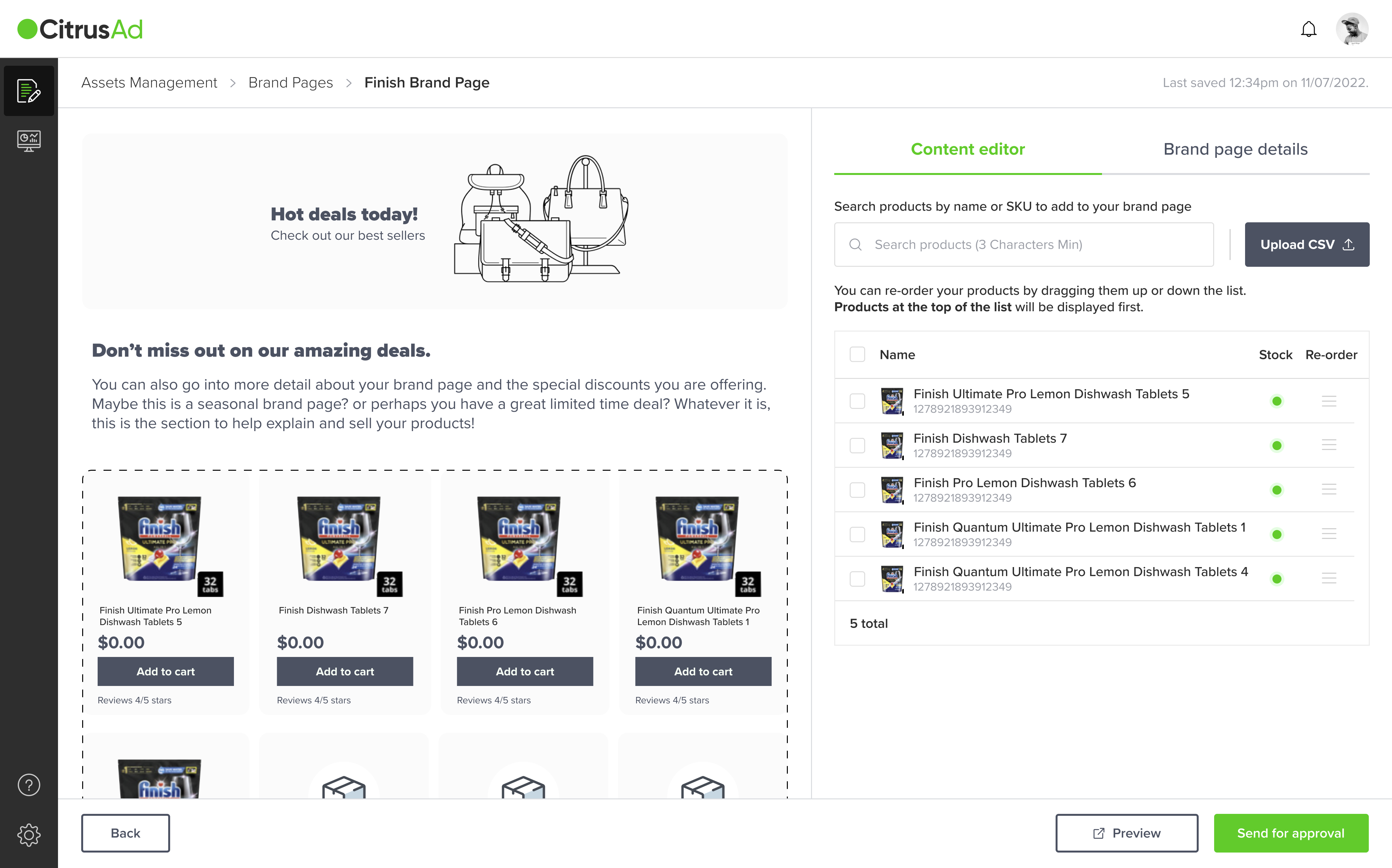 The Brand Page editor with the product selection panel open for adding products to a page