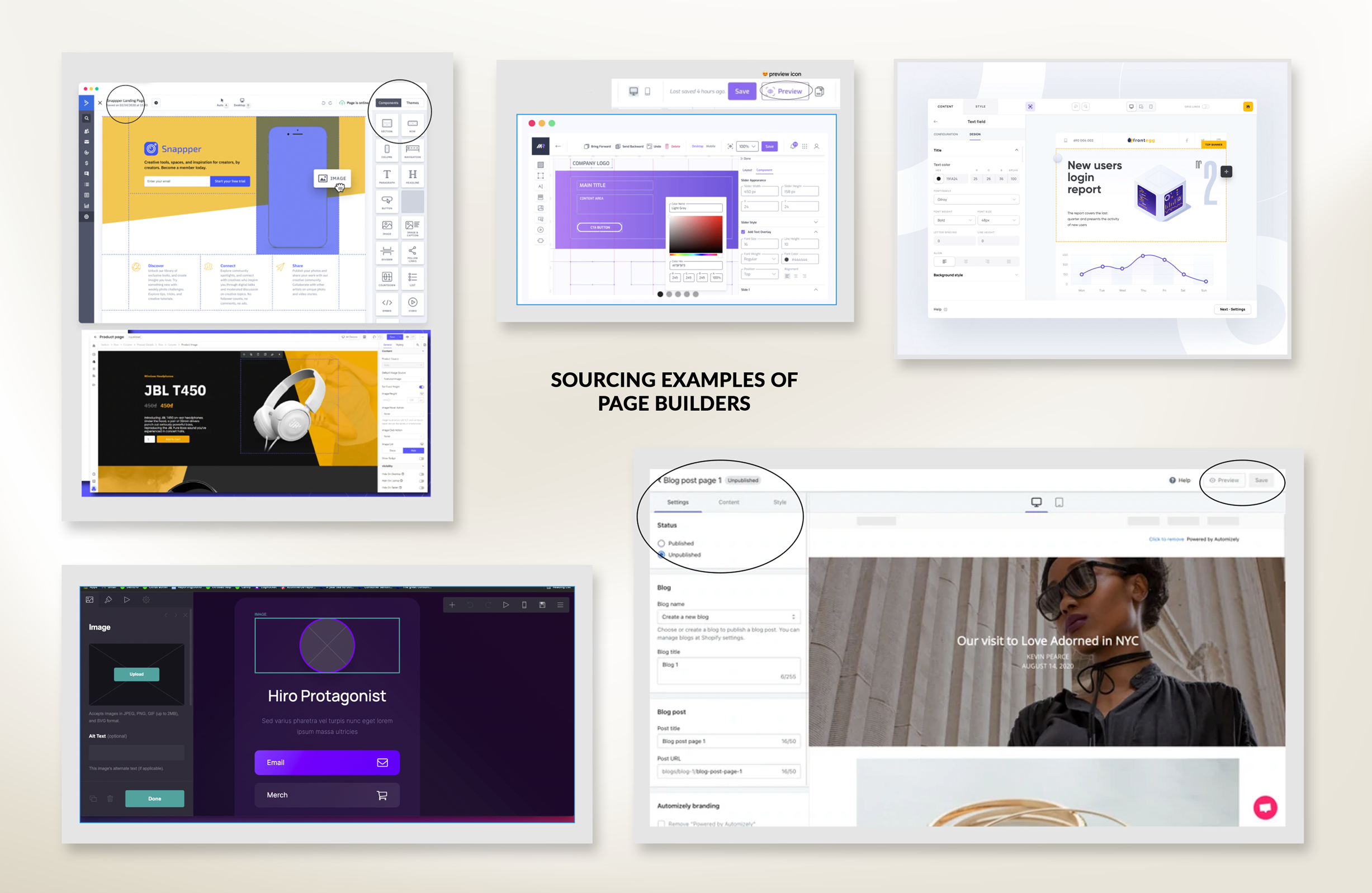 A moodboard of competitor page-builder interfaces gathered as reference for the Brand Page builder