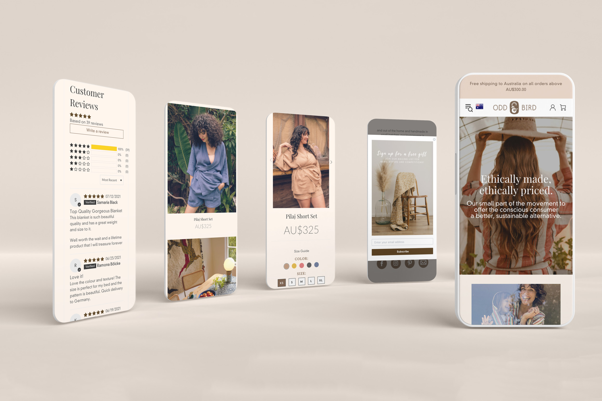 A row of Oddbird mobile screens showing product listings and editorial content