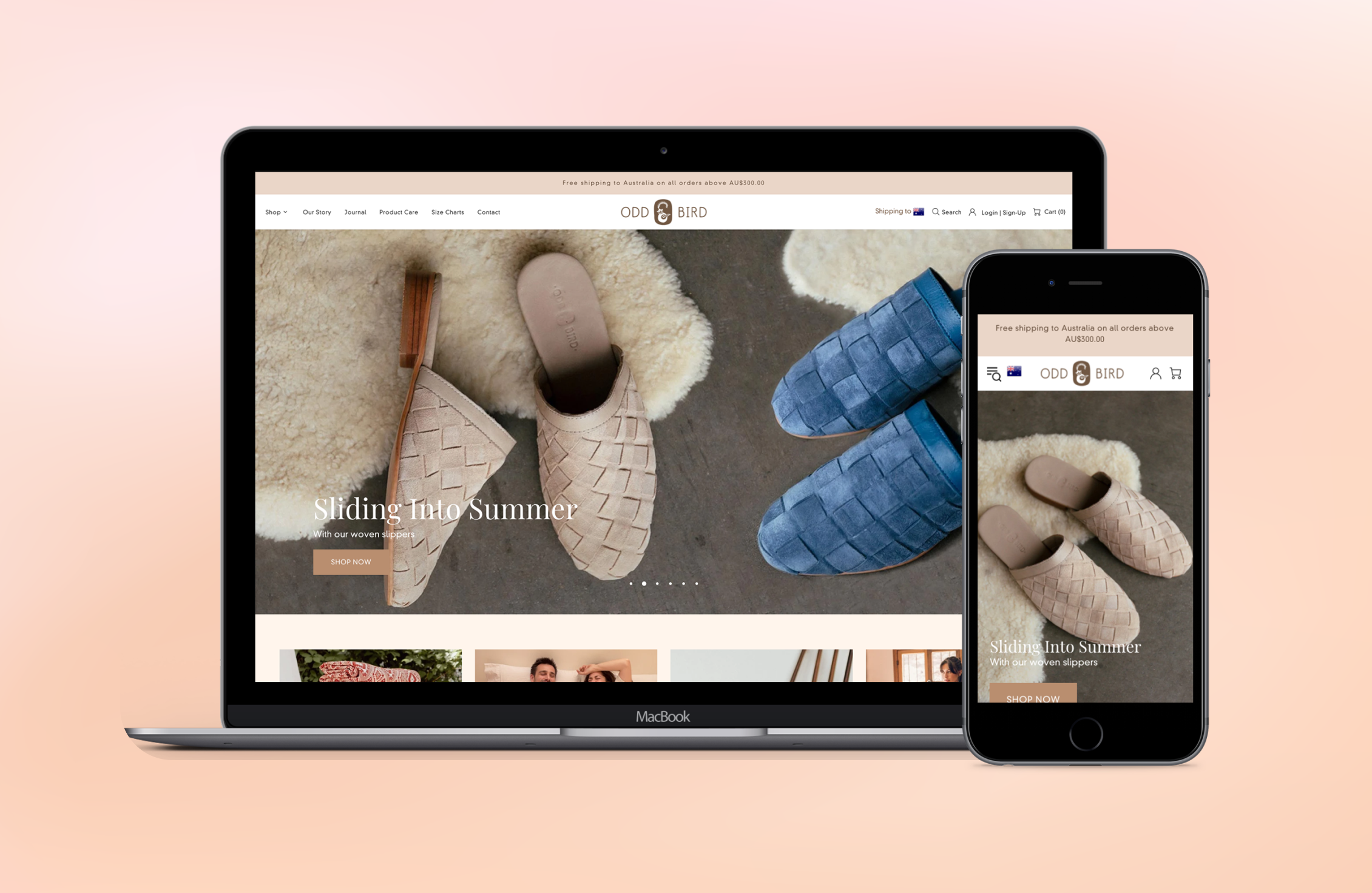 The Oddbird homepage on a laptop and phone, showing the slippers collection