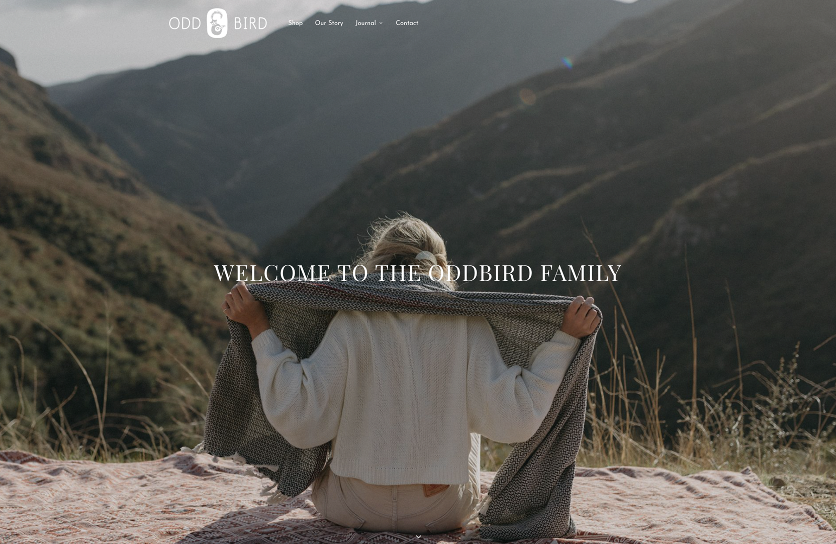 The Oddbird homepage hero: a person in a mountain landscape beneath the words Welcome to the Oddbird family