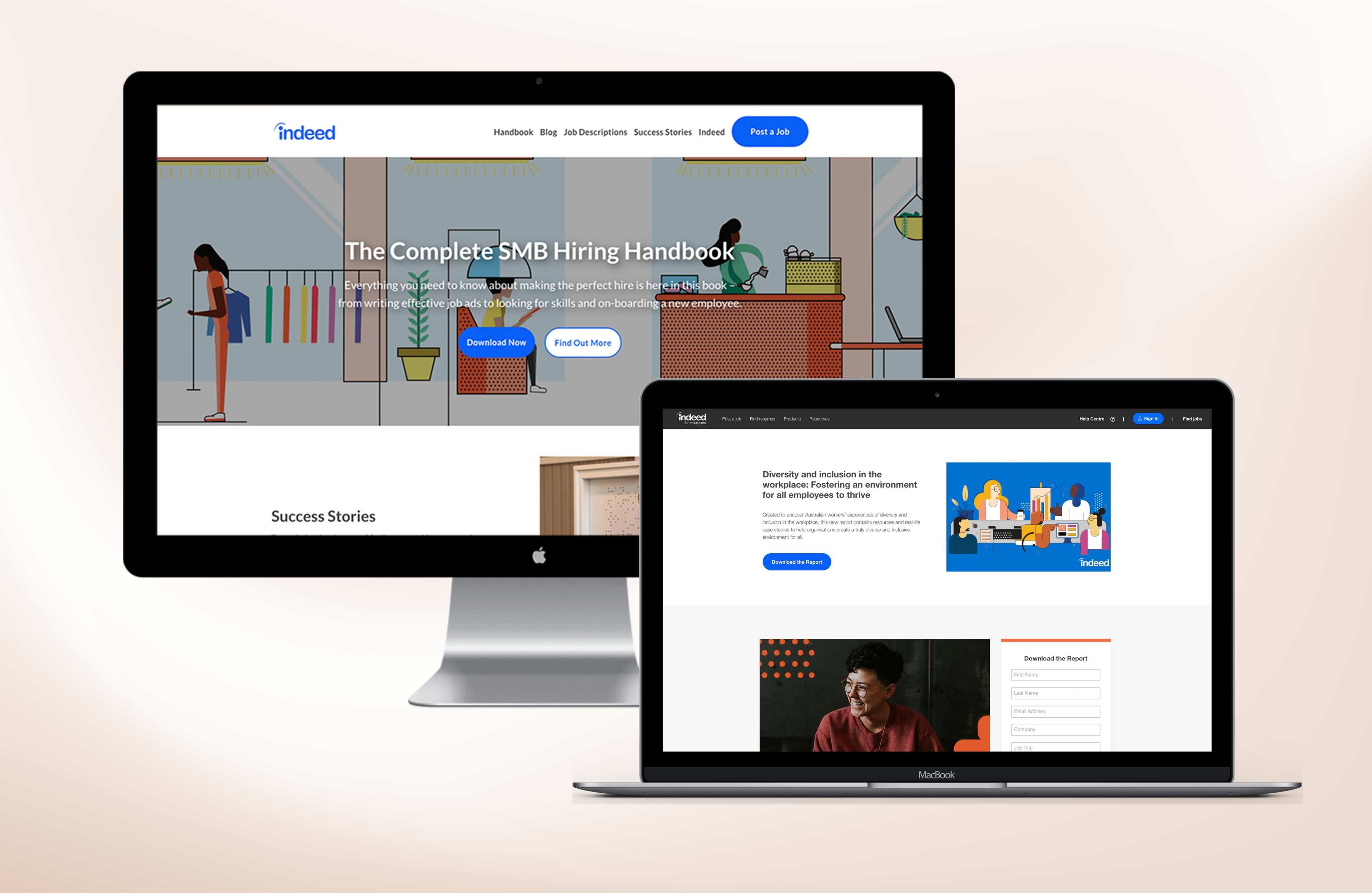 The microsite homepage on a desktop monitor and laptop, with its illustrated hero banner
