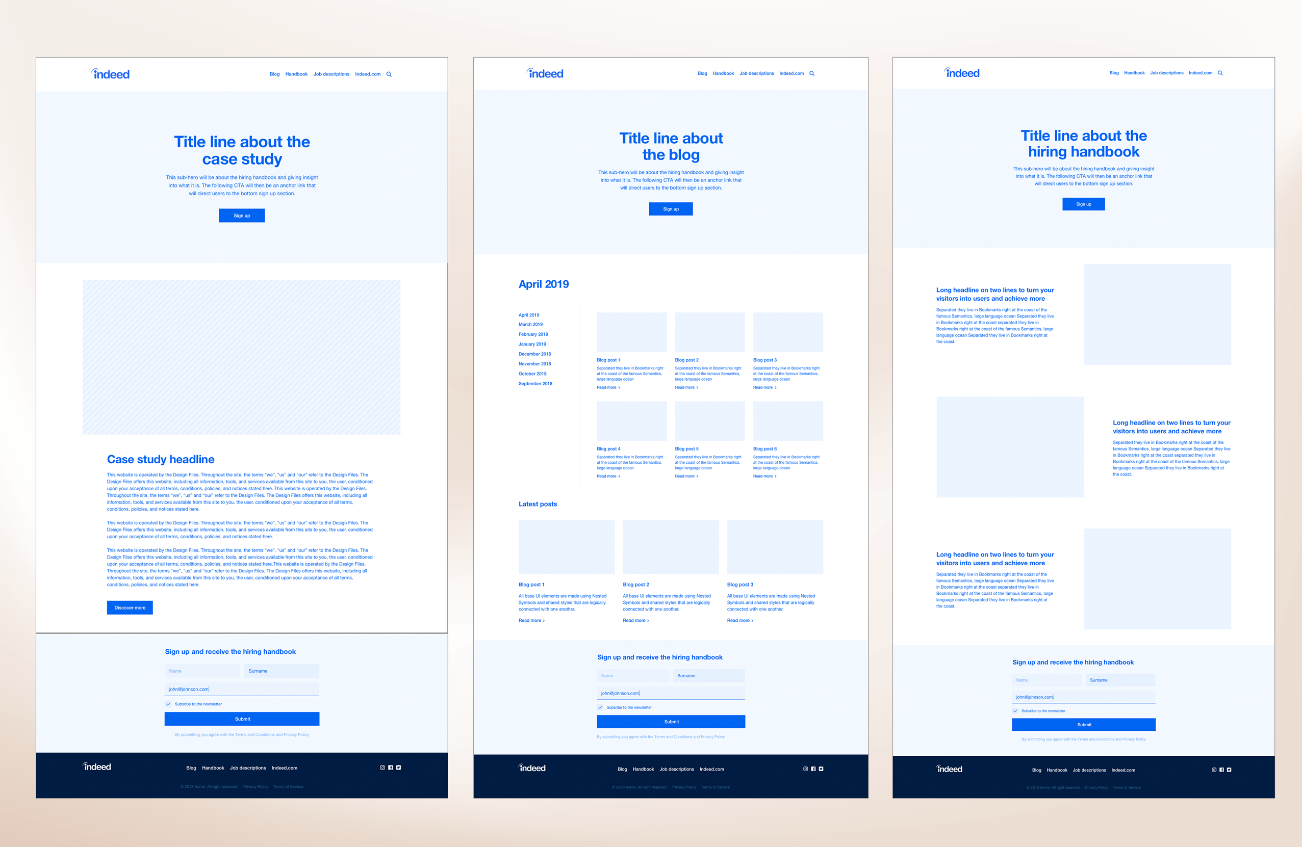 Wireframes for three microsite page templates