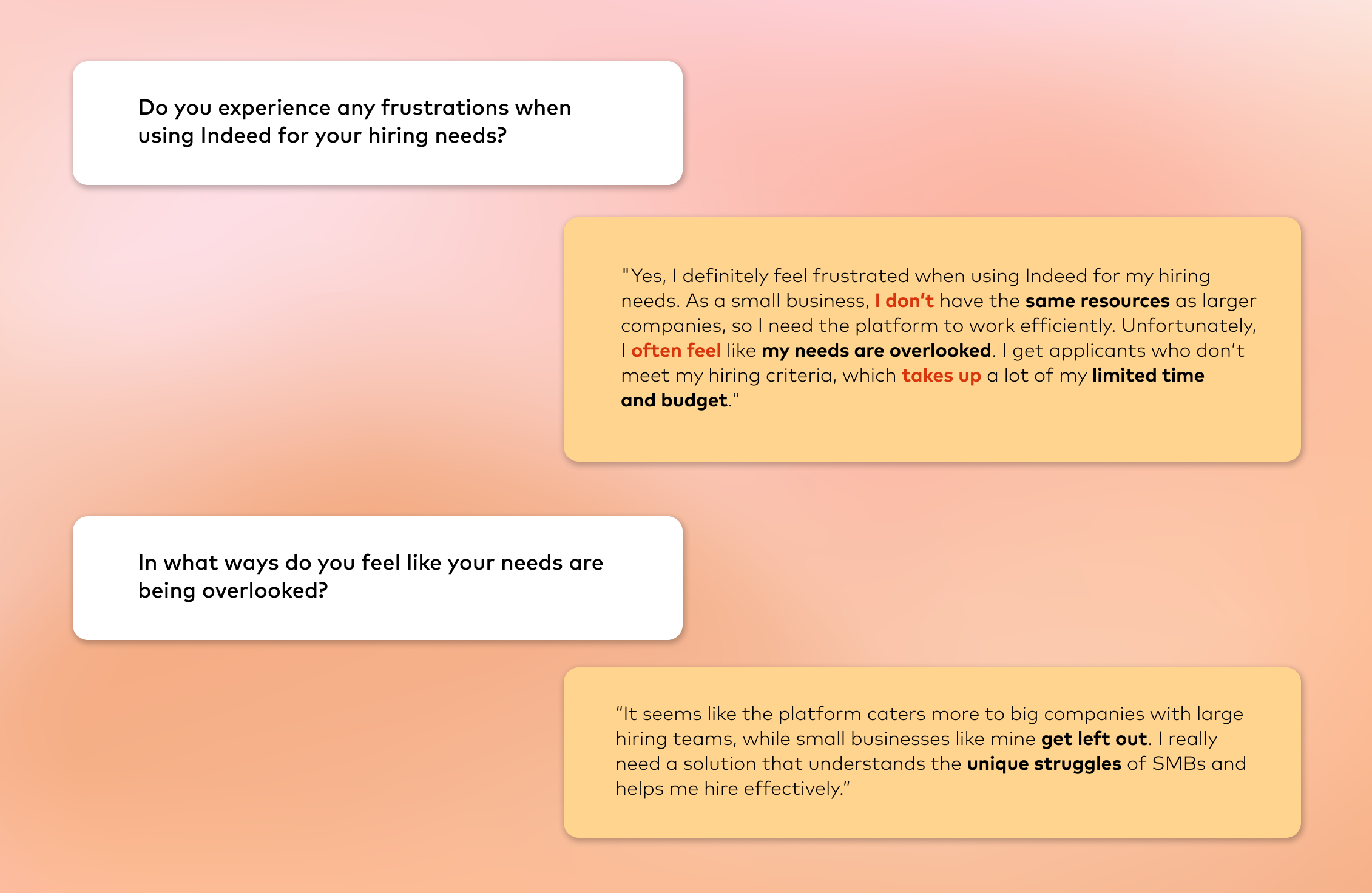 A research board pairing interview questions with highlighted quotes from small business owners