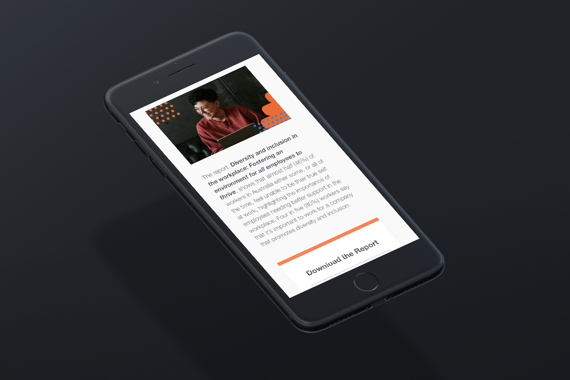 A microsite article page shown on a phone against a dark background