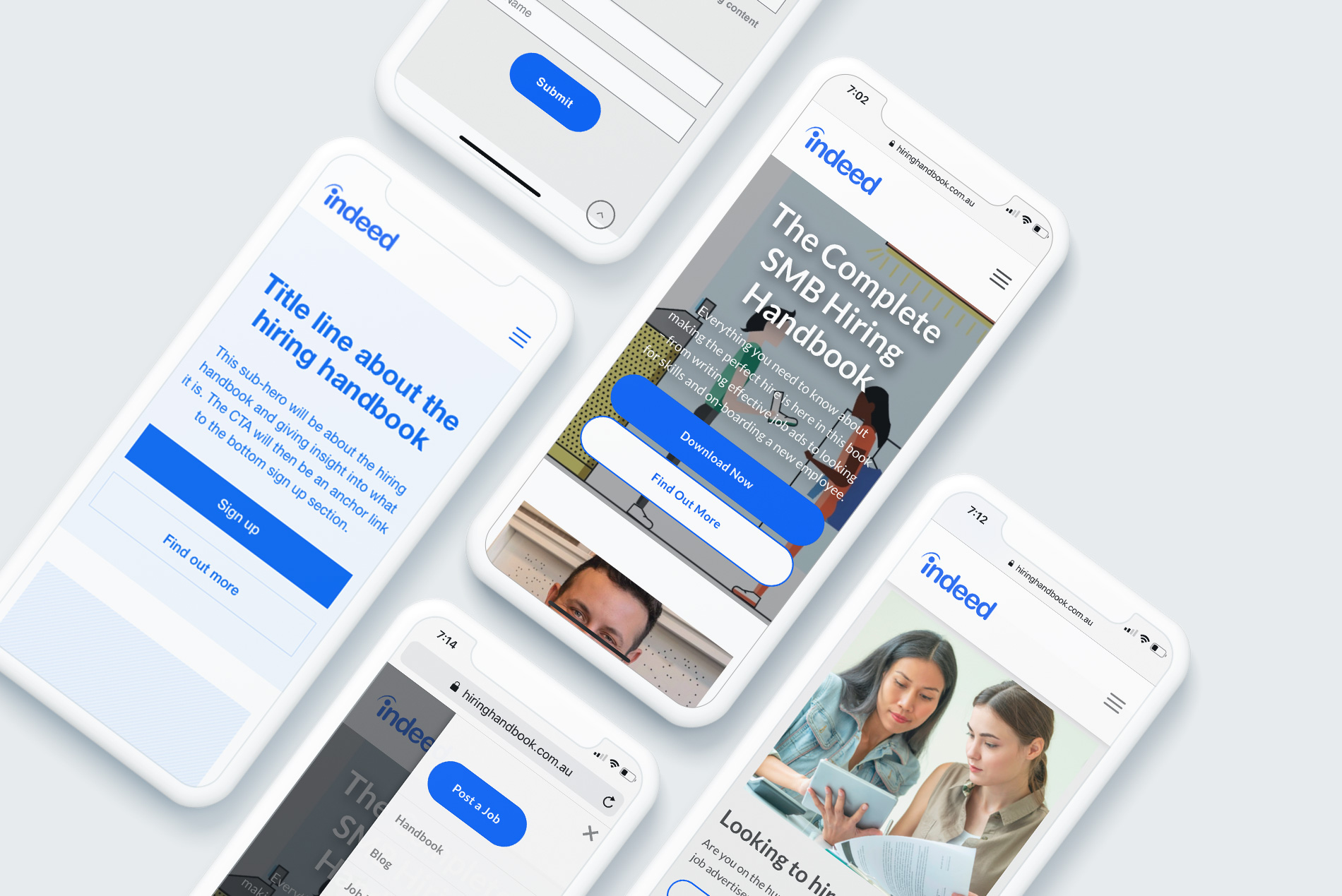 The Indeed SMB hiring microsite shown across several mobile phone screens