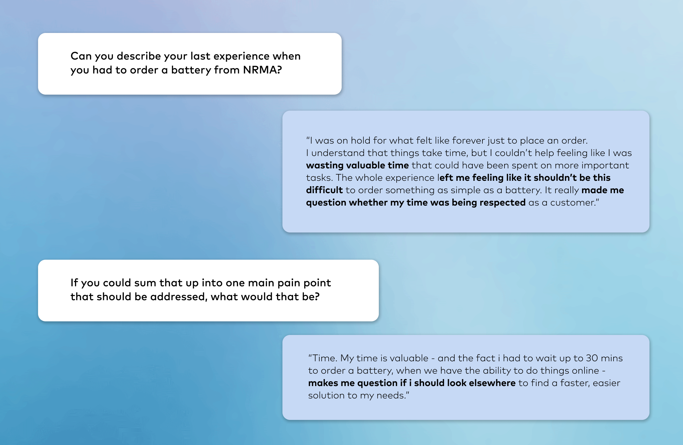 A research board pairing interview questions with customer quotes about ordering a car battery by phone
