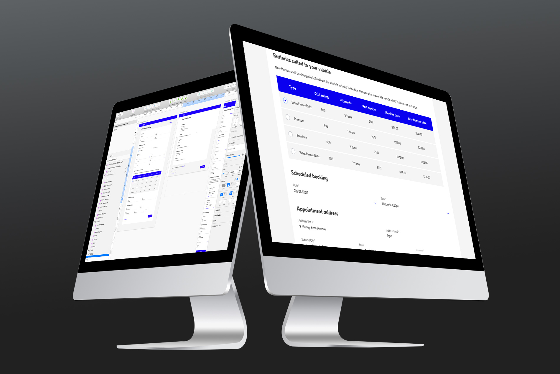 Booking portal screens shown across two desktop monitors