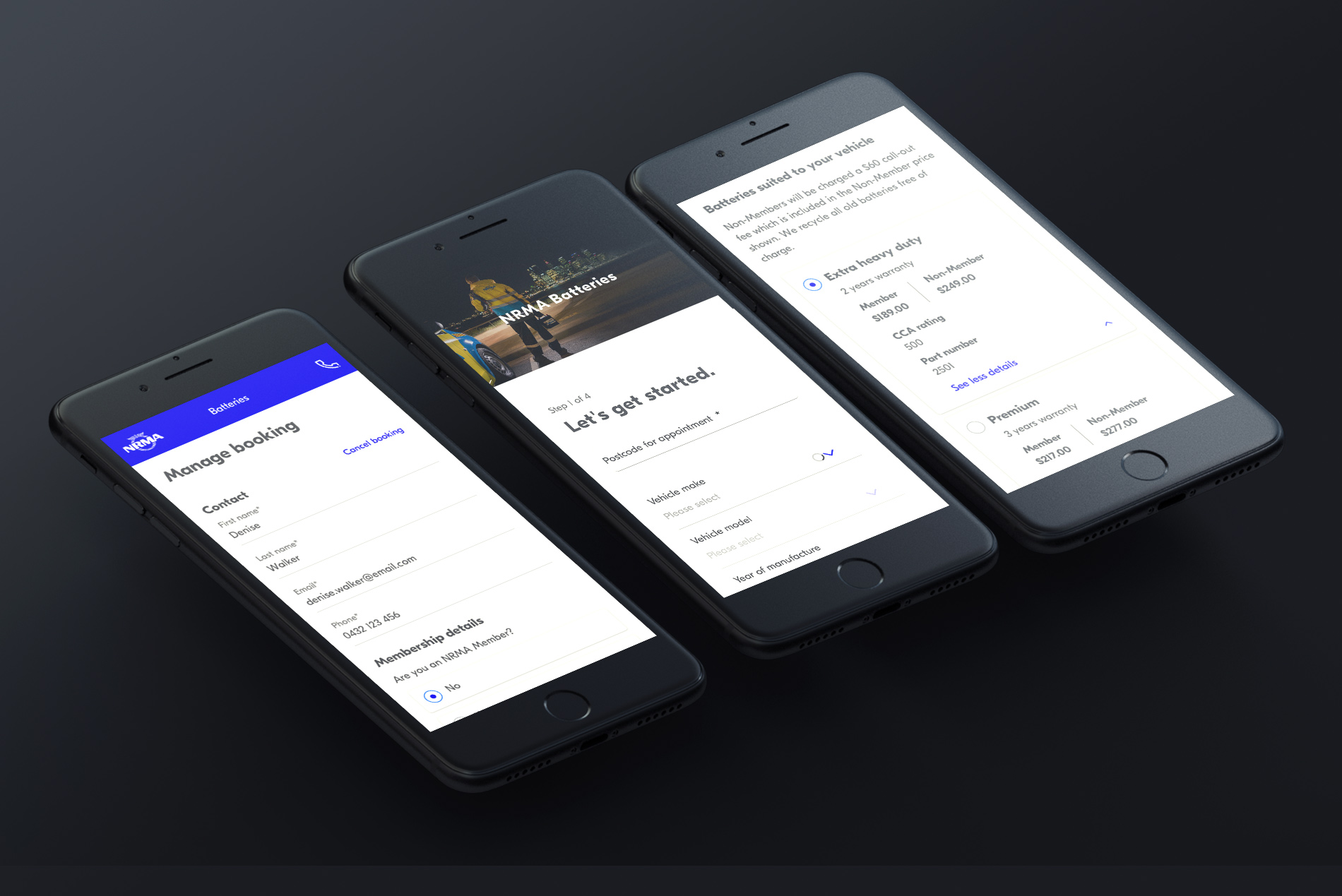 Three mobile screens showing consecutive steps of the battery booking flow