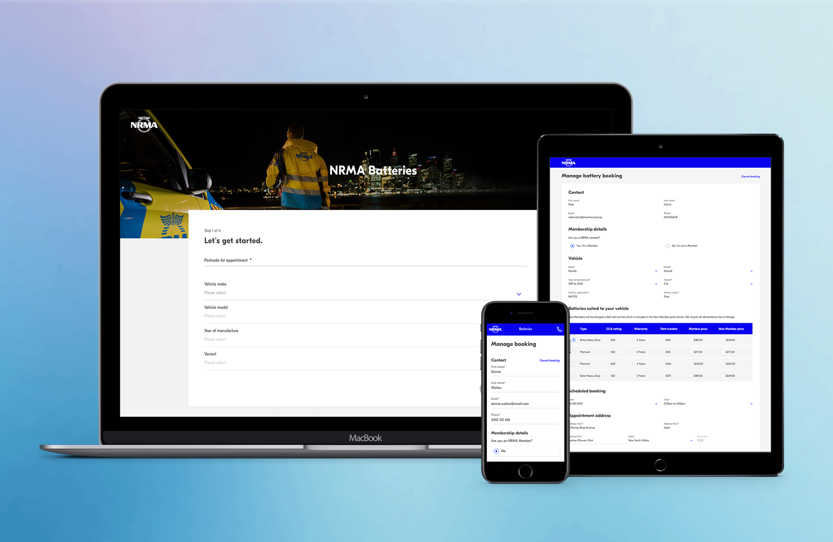 The NRMA online battery booking portal shown on a laptop, tablet and phone