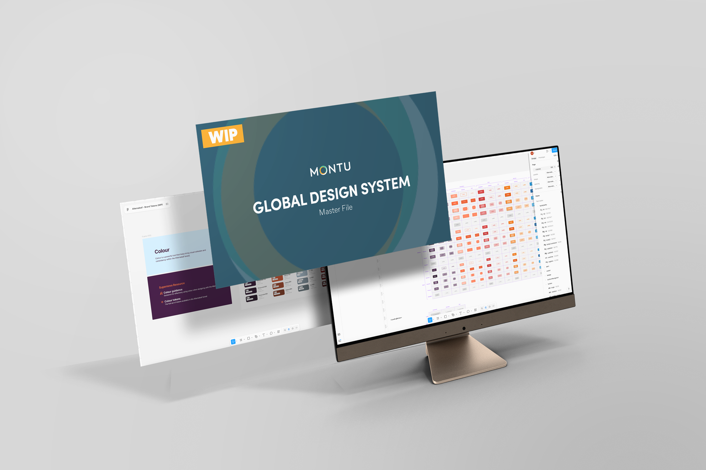 The Montu Global Design System master file shown on a desktop monitor, with the Alternaleaf brand token library open behind it