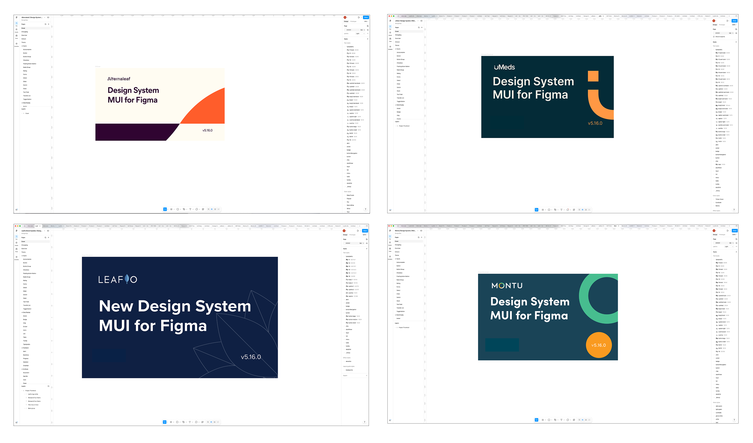 The four original design system files side by side in Figma, one each for Alternaleaf, uMeds, Leafio and Montu