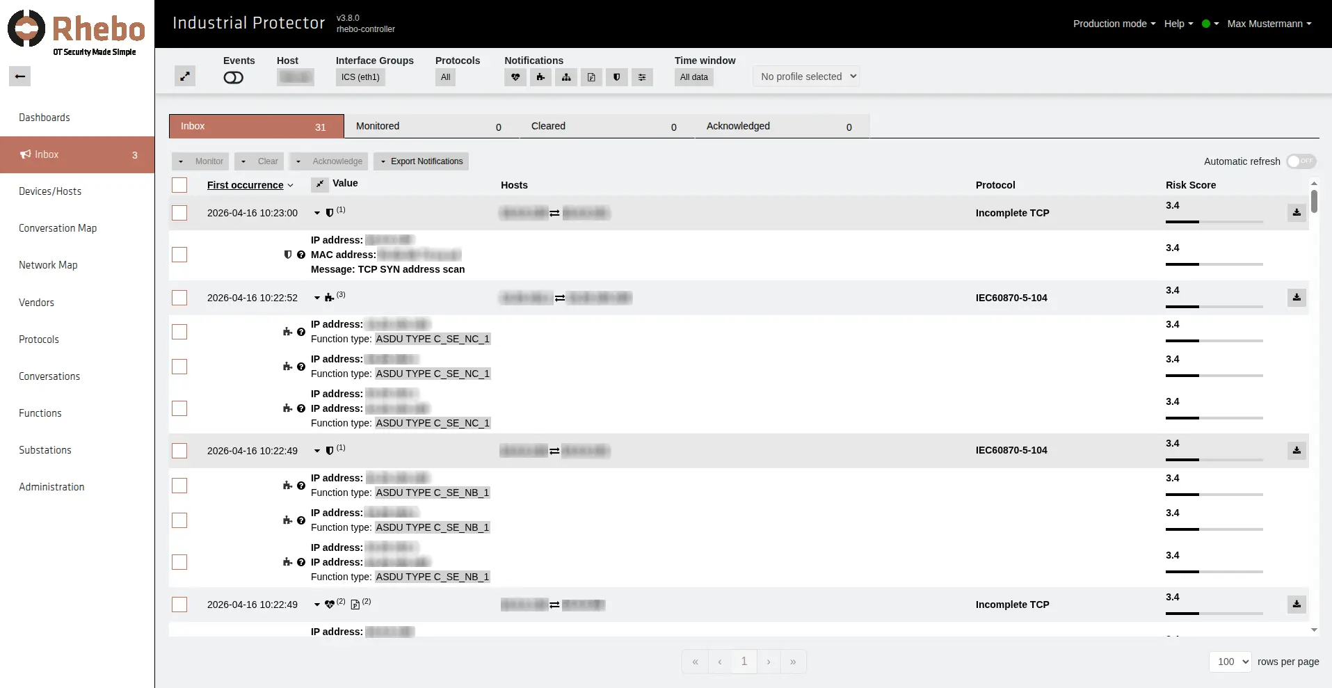 Software screenshot showing events
