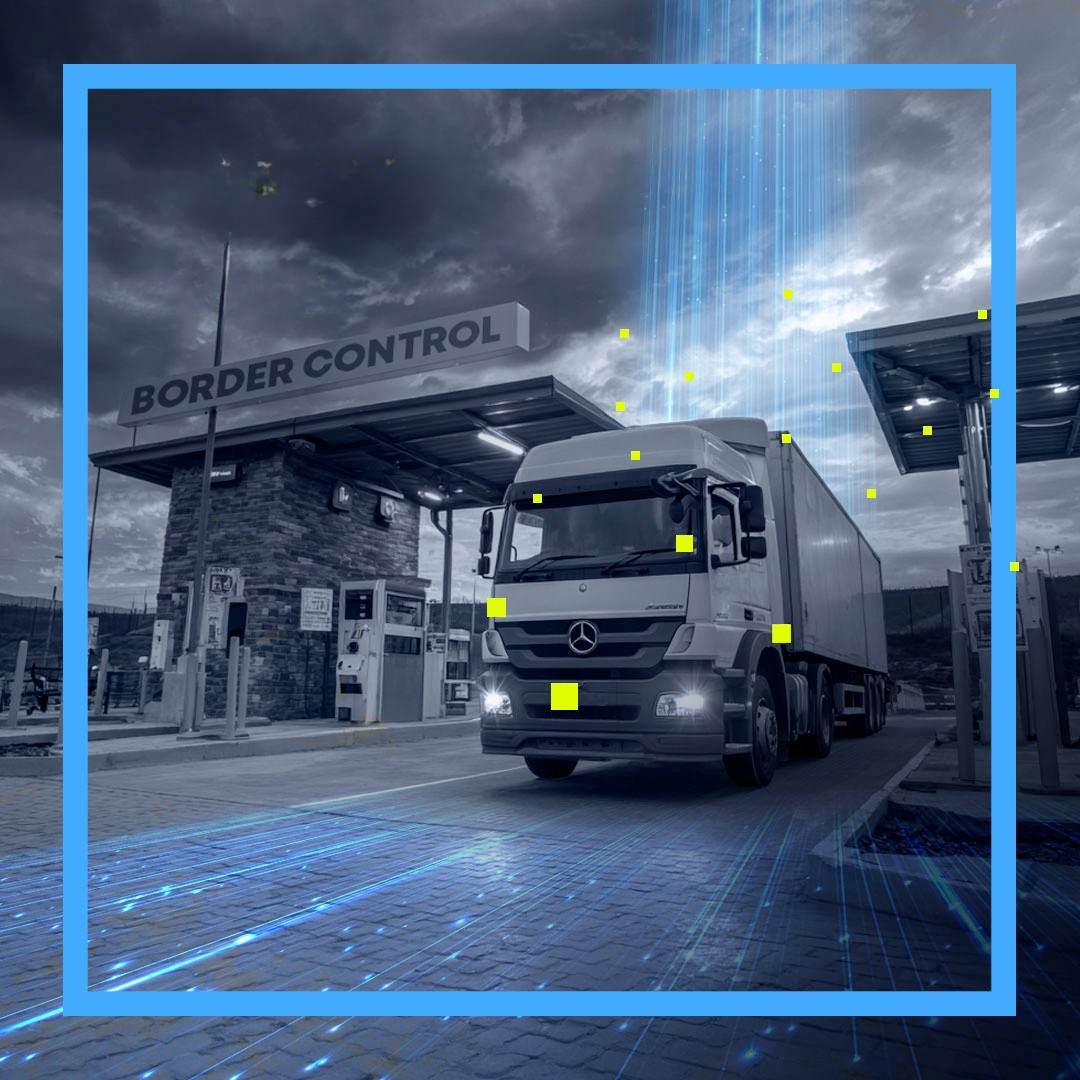 Truck at border patrol with pixels indicating connectivity