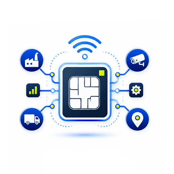 SIM card icon connected to factory, signal, truck, surveillance, settings, and location icons with Wi-Fi symbol above.