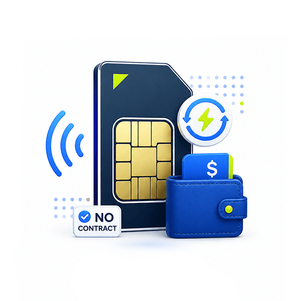 Prepaid SIM card with no contract icon and wallet holding a dollar card symbol.