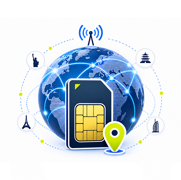 Global SIM card with wireless signals and iconic landmarks showing worldwide mobile connectivity.