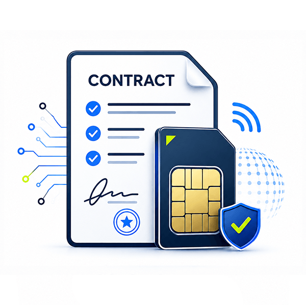 Digital contract with checkmarks, a smart SIM card, and a shield symbolizing secure mobile agreement.