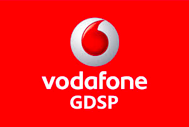 Vodafone logo with GDSP text below on a red background.